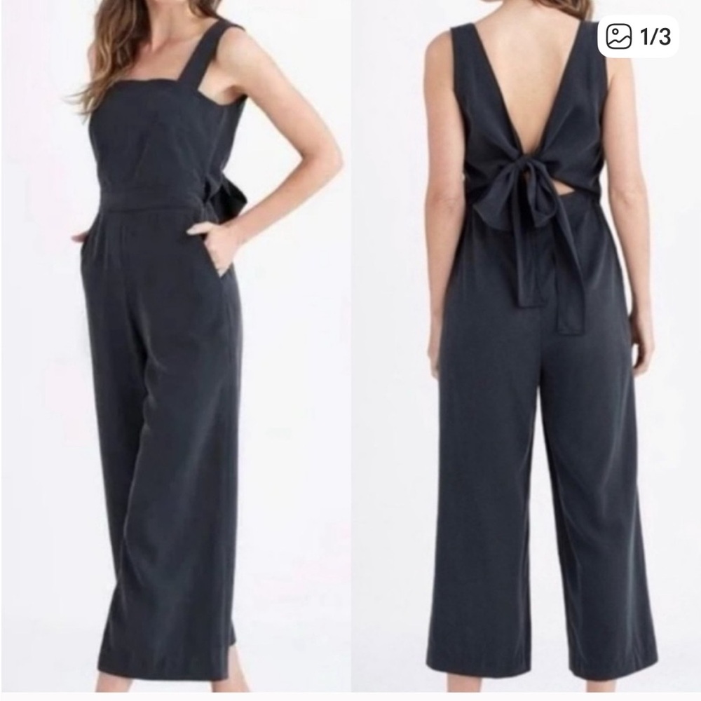 VETTA ✨ Jumpsuit super soft wide leg apron top tie back pockets navy blue | Sz 0